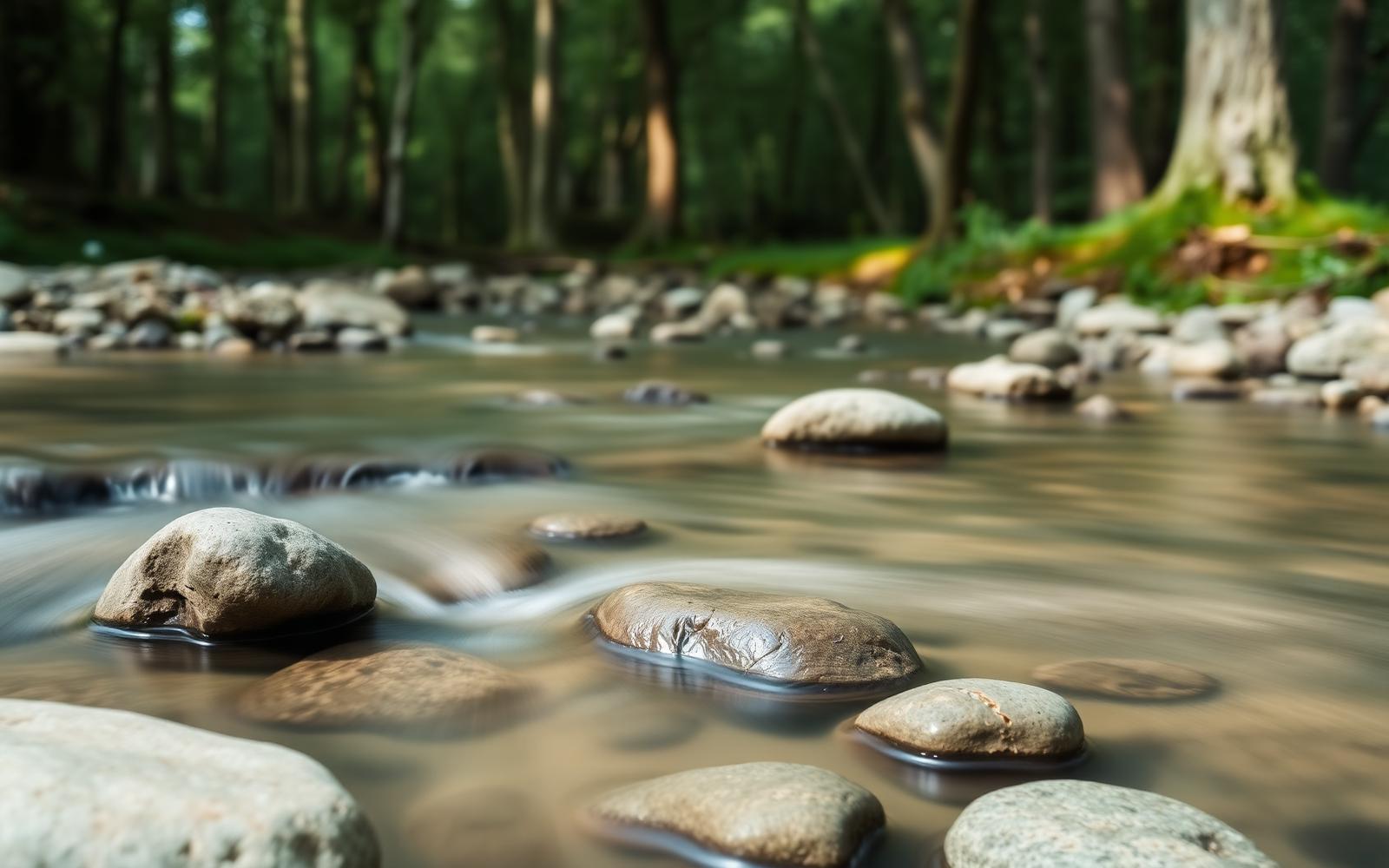 A quiet forest stream flowing over smooth stones